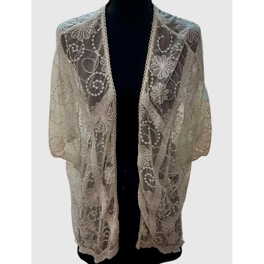 Boho Sheer Lace Kimono Cardigan Floral Embroidered‎ Open Front Cream Large